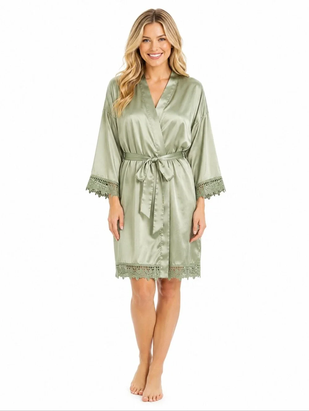 Dusty Sage Satin Lace Bridesmaid Robe Floral Wedding Getting Ready Robe